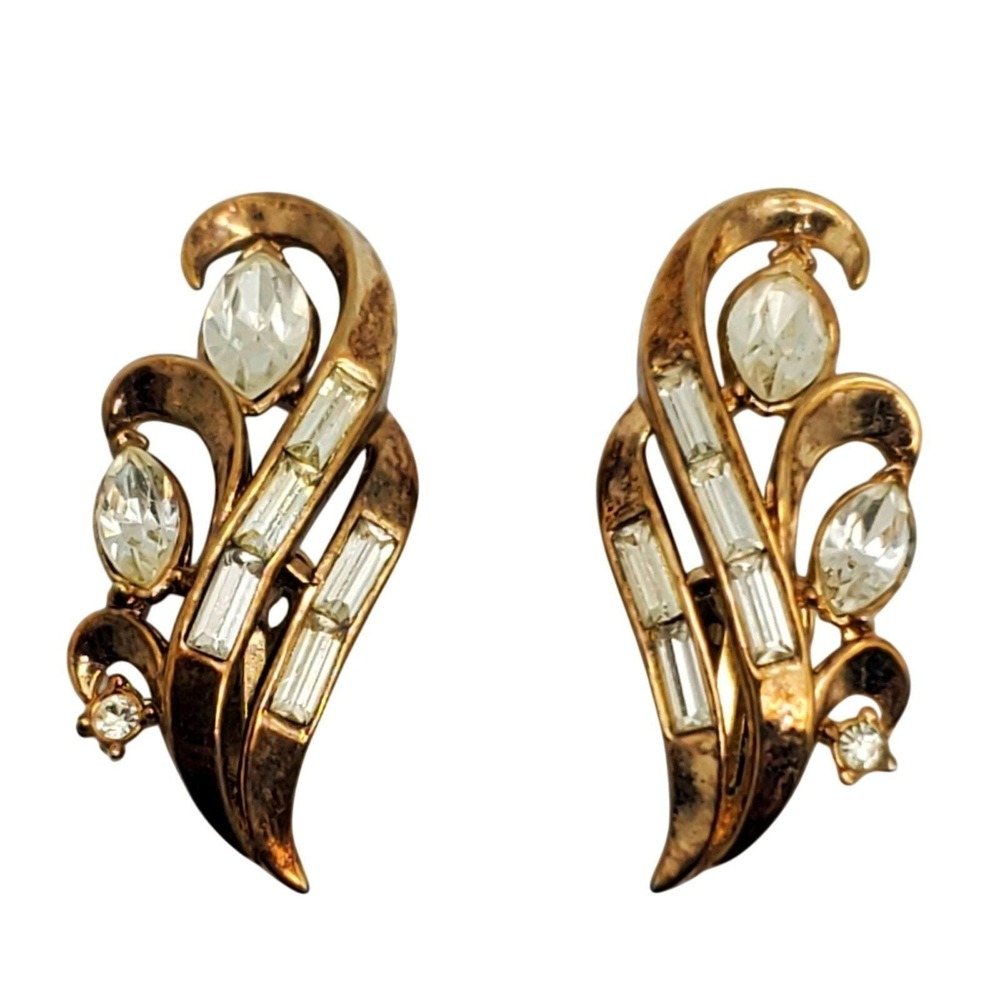 Crown Trifari Clip On Earrings Alfred Philippe Rhinestones Gold Plated 1950s MCM